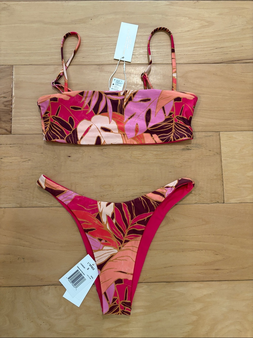 New l*space Pink and Orange Tropical Print Bandeau Bikini Set - Damian and Lux